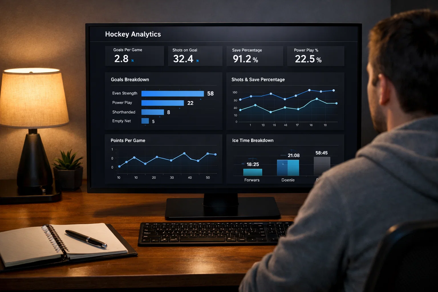 Analytiker studerar hockeystatistik på skärm med diagram