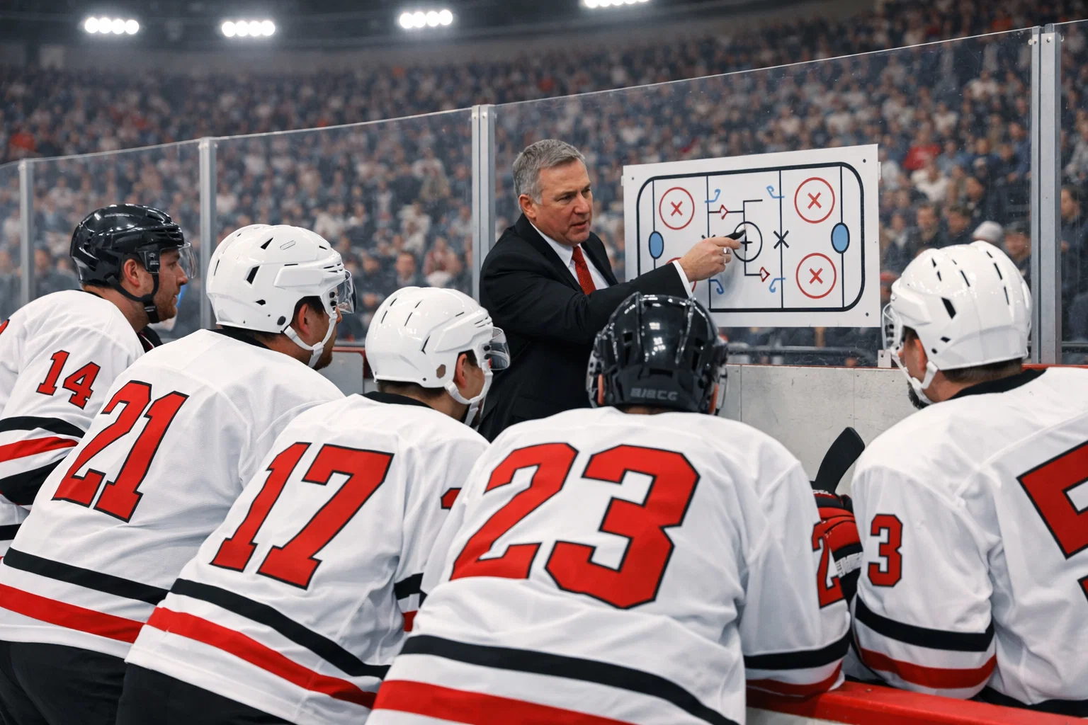 Hockeylag under taktisk genomgång vid bänken